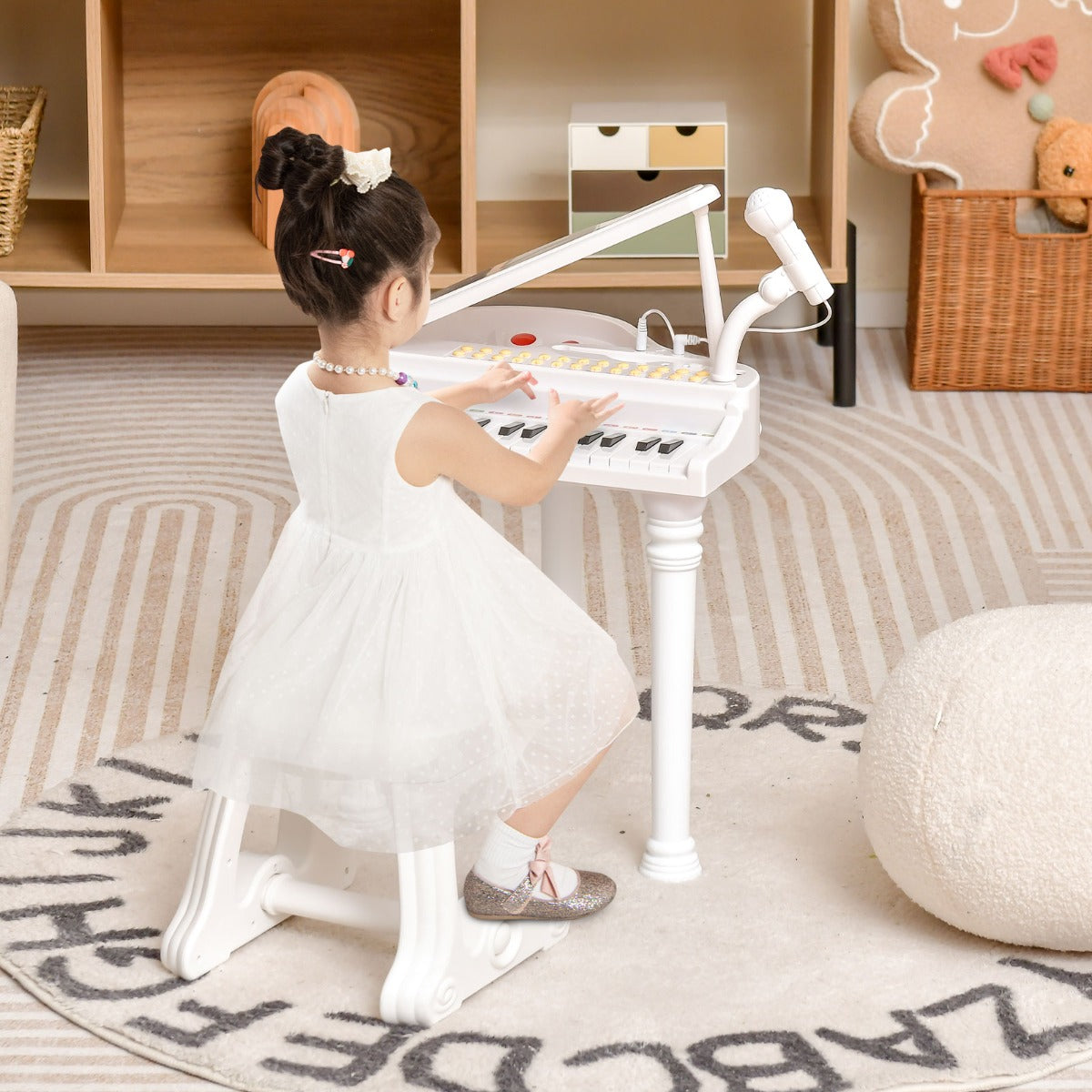31 Keys Kids Piano Keyboard with Stool and Microphone for Kids White