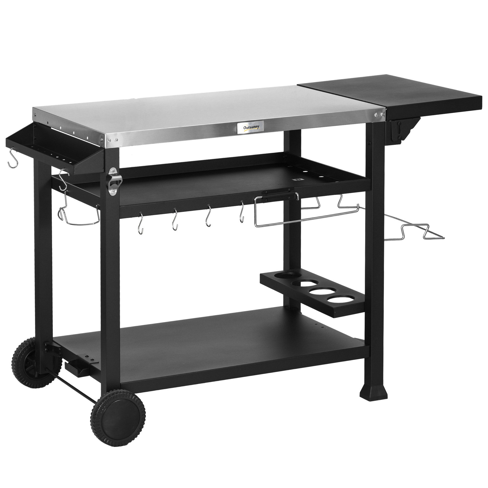 Outsunny Outdoor Grill Cart with Foldable Side Table, 46 x 21.75 Multifunctional Stainless Steel Pizza Oven Stand with Three-Shelf, Movable Food Prep Table on Wheels, Black